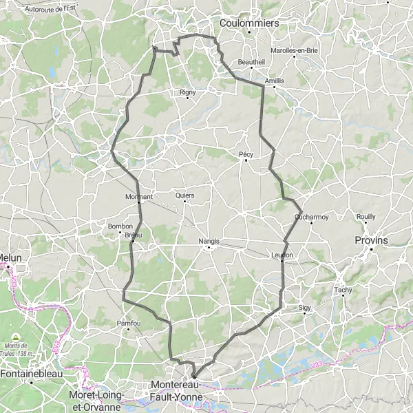 Miniature de la carte de l'inspiration cycliste "Aventure de 125 km à vélo autour de Saint-Germain-Laval" dans la Ile-de-France, France. Générée par le planificateur d'itinéraire cycliste Tarmacs.app