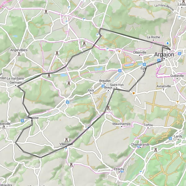 Miniature de la carte de l'inspiration cycliste "Le Circuit des Vallons de l'Orge" dans la Ile-de-France, France. Générée par le planificateur d'itinéraire cycliste Tarmacs.app