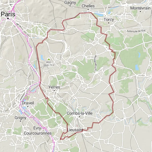 Miniature de la carte de l'inspiration cycliste "Exploration de Chevry-Cossigny et environs" dans la Ile-de-France, France. Générée par le planificateur d'itinéraire cycliste Tarmacs.app