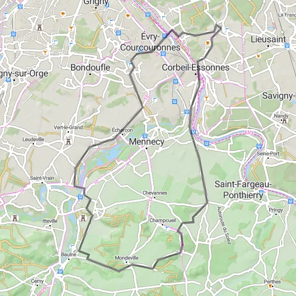 Map miniature of "Picturesque Ride to Vert-le-Petit" cycling inspiration in Ile-de-France, France. Generated by Tarmacs.app cycling route planner