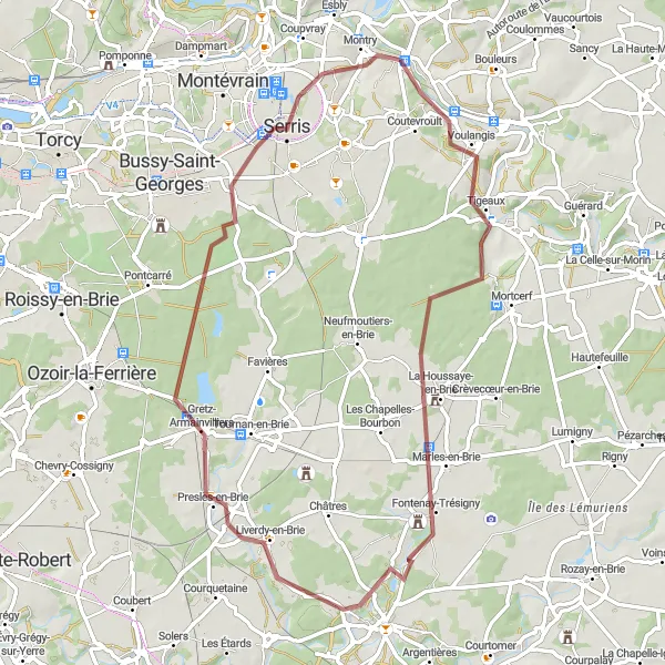 Miniature de la carte de l'inspiration cycliste "Excursion à Liverdy-en-Brie et Montry" dans la Ile-de-France, France. Générée par le planificateur d'itinéraire cycliste Tarmacs.app