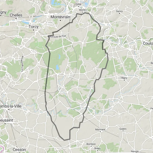 Miniature de la carte de l'inspiration cycliste "Tour de la Vallée du Grand Morin" dans la Ile-de-France, France. Générée par le planificateur d'itinéraire cycliste Tarmacs.app
