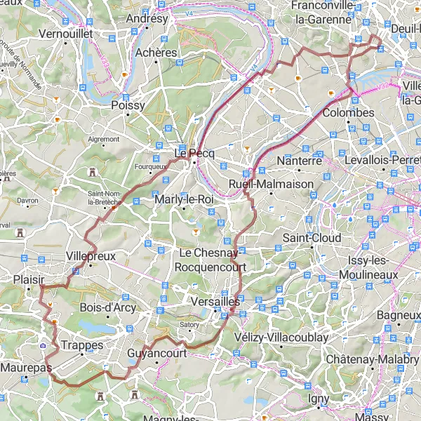 Map miniature of "The Gravel Escape" cycling inspiration in Ile-de-France, France. Generated by Tarmacs.app cycling route planner