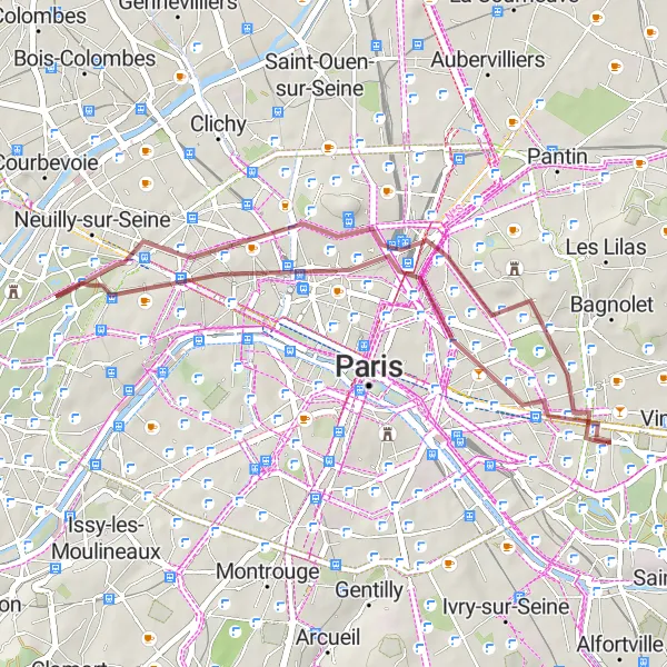 Map miniature of "Gravel Adventure to Montmartre and Champs Élysées" cycling inspiration in Ile-de-France, France. Generated by Tarmacs.app cycling route planner