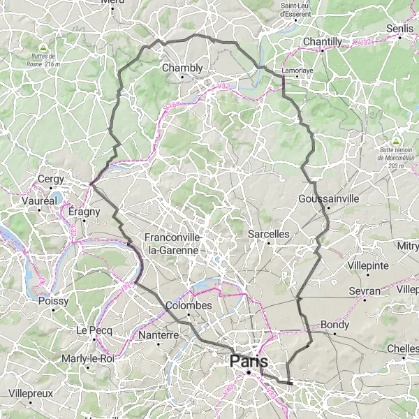 Map miniature of "Paris to Pontoise loop" cycling inspiration in Ile-de-France, France. Generated by Tarmacs.app cycling route planner
