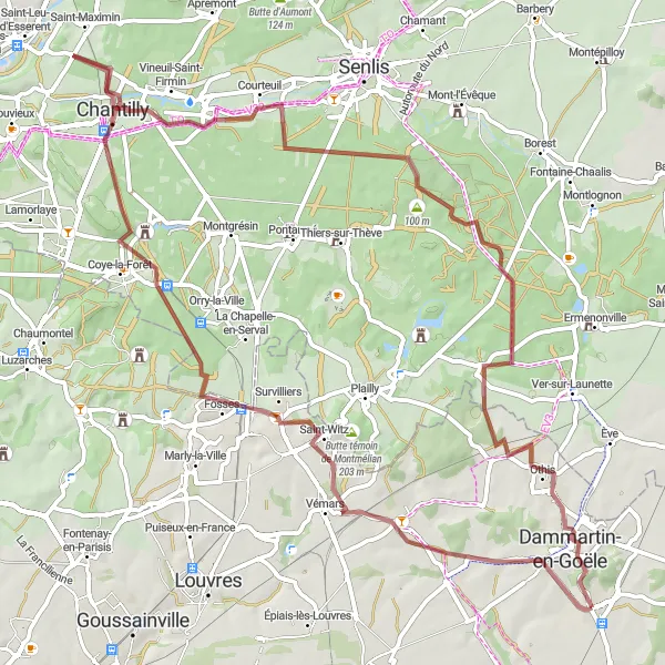 Miniature de la carte de l'inspiration cycliste "Boucle de Gravel Saint-Mard - Othis" dans la Ile-de-France, France. Générée par le planificateur d'itinéraire cycliste Tarmacs.app