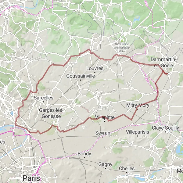 Miniature de la carte de l'inspiration cycliste "Circuit de Gravel Saint-Mard - Moussy-le-Neuf" dans la Ile-de-France, France. Générée par le planificateur d'itinéraire cycliste Tarmacs.app
