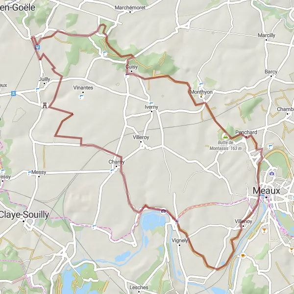 Map miniature of "Discovering Montgé-en-Goële and Crégy-lès-Meaux" cycling inspiration in Ile-de-France, France. Generated by Tarmacs.app cycling route planner