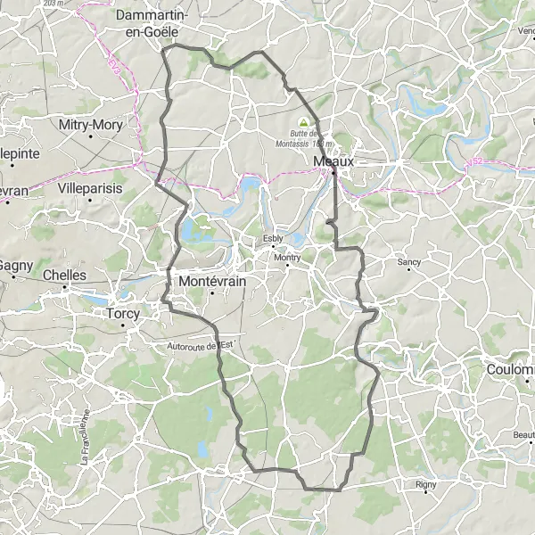 Map miniature of "Challenge Yourself on a Long Distance Loop through Monthyon and Lagny-sur-Marne" cycling inspiration in Ile-de-France, France. Generated by Tarmacs.app cycling route planner