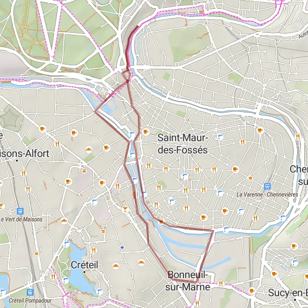 Map miniature of "Mesly and Bonneuil-sur-Marne Gravel Route" cycling inspiration in Ile-de-France, France. Generated by Tarmacs.app cycling route planner
