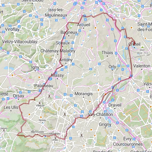 Miniature de la carte de l'inspiration cycliste "Exploration de Montlhéry" dans la Ile-de-France, France. Générée par le planificateur d'itinéraire cycliste Tarmacs.app
