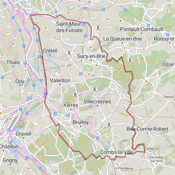 Miniature de la carte de l'inspiration cycliste "Boucle autour de Saint-Maur-des-Fossés et Combs-la-Ville" dans la Ile-de-France, France. Générée par le planificateur d'itinéraire cycliste Tarmacs.app