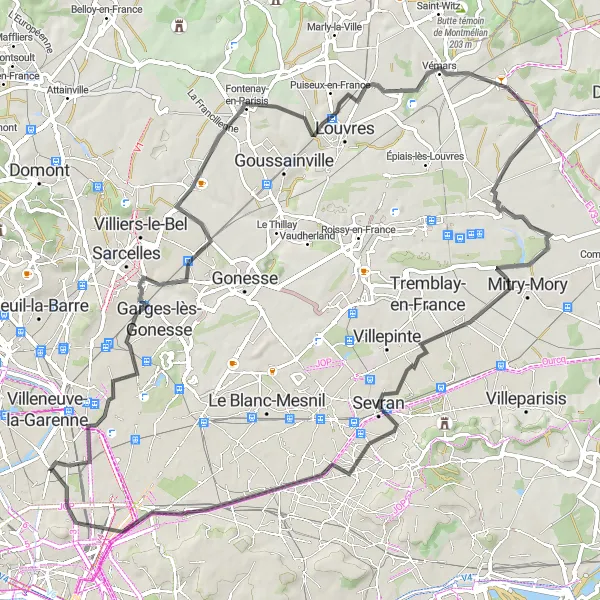 Map miniature of "Parisian Suburbs Escape" cycling inspiration in Ile-de-France, France. Generated by Tarmacs.app cycling route planner