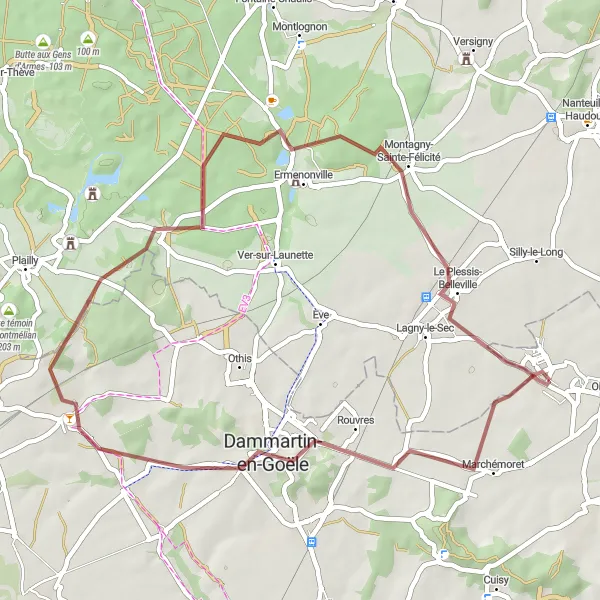 Miniature de la carte de l'inspiration cycliste "Excursion en Gravel jusqu'à Ermenonville" dans la Ile-de-France, France. Générée par le planificateur d'itinéraire cycliste Tarmacs.app