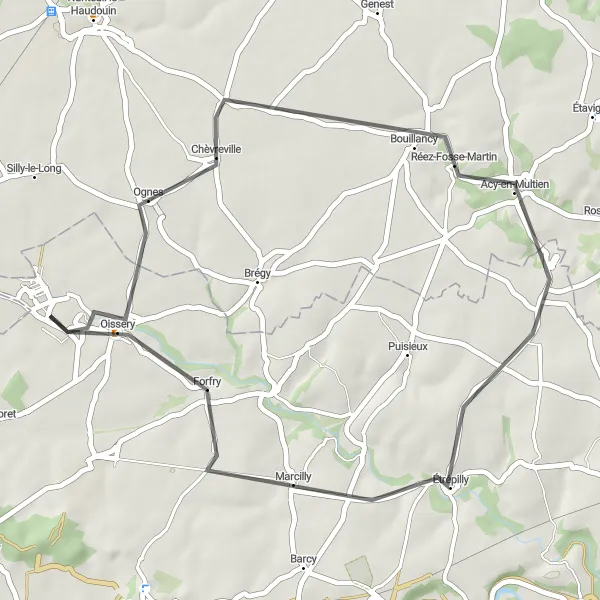 Miniature de la carte de l'inspiration cycliste "Boucle vers Bouillancy" dans la Ile-de-France, France. Générée par le planificateur d'itinéraire cycliste Tarmacs.app