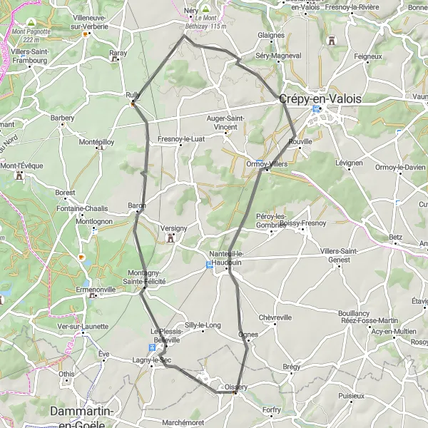 Map miniature of "Challenging Road Cycling Route to Nanteuil-le-Haudouin" cycling inspiration in Ile-de-France, France. Generated by Tarmacs.app cycling route planner