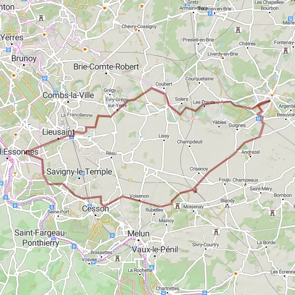 Miniature de la carte de l'inspiration cycliste "La boucle de Vaux-le-Vicomte" dans la Ile-de-France, France. Générée par le planificateur d'itinéraire cycliste Tarmacs.app