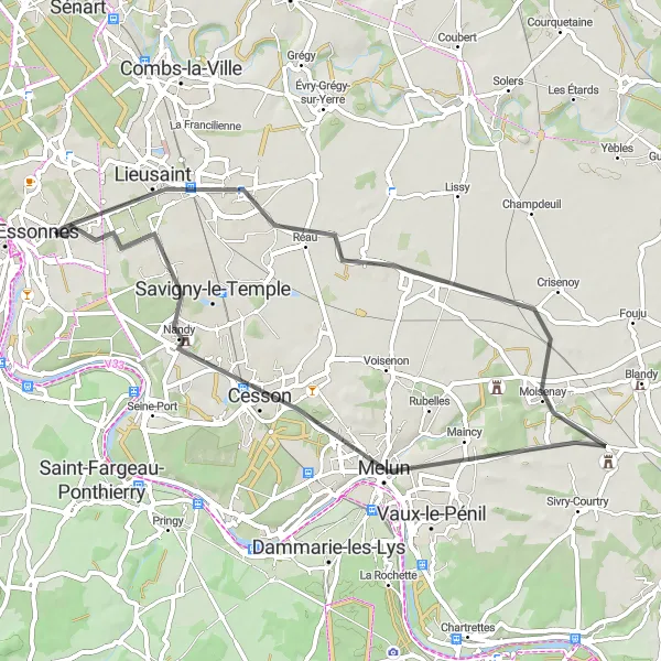 Miniature de la carte de l'inspiration cycliste "Circuit à vélo autour de Melun" dans la Ile-de-France, France. Générée par le planificateur d'itinéraire cycliste Tarmacs.app