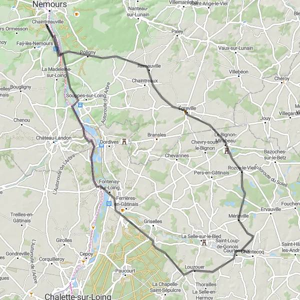 Map miniature of "The Loing River Loop" cycling inspiration in Ile-de-France, France. Generated by Tarmacs.app cycling route planner