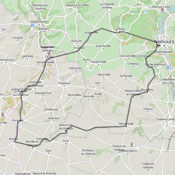 Map miniature of "Gâtinais Countryside Escape" cycling inspiration in Ile-de-France, France. Generated by Tarmacs.app cycling route planner