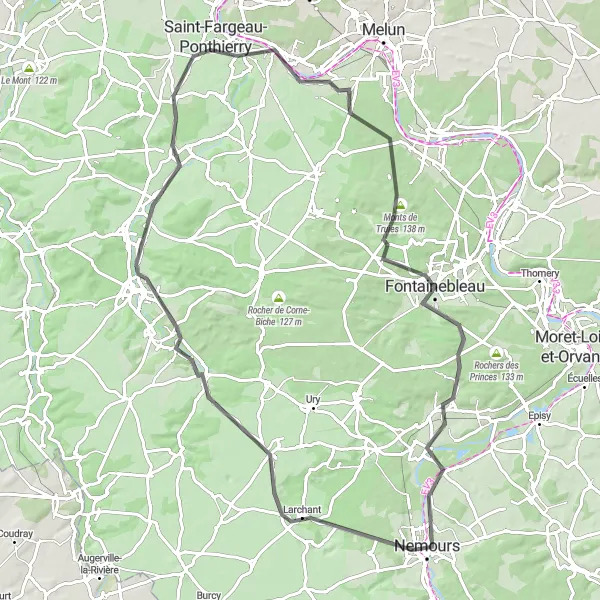 Miniature de la carte de l'inspiration cycliste "Tour du Rocher d'Avon" dans la Ile-de-France, France. Générée par le planificateur d'itinéraire cycliste Tarmacs.app