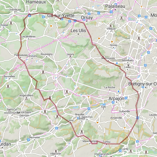 Map miniature of "Exploring the Vallee de Chevreuse" cycling inspiration in Ile-de-France, France. Generated by Tarmacs.app cycling route planner