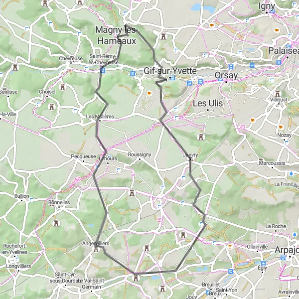 Miniature de la carte de l'inspiration cycliste "Boucle des Vallons de l'Yvette" dans la Ile-de-France, France. Générée par le planificateur d'itinéraire cycliste Tarmacs.app