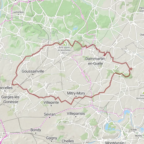 Miniature de la carte de l'inspiration cycliste "Aventure nature dans la Plaine de France" dans la Ile-de-France, France. Générée par le planificateur d'itinéraire cycliste Tarmacs.app