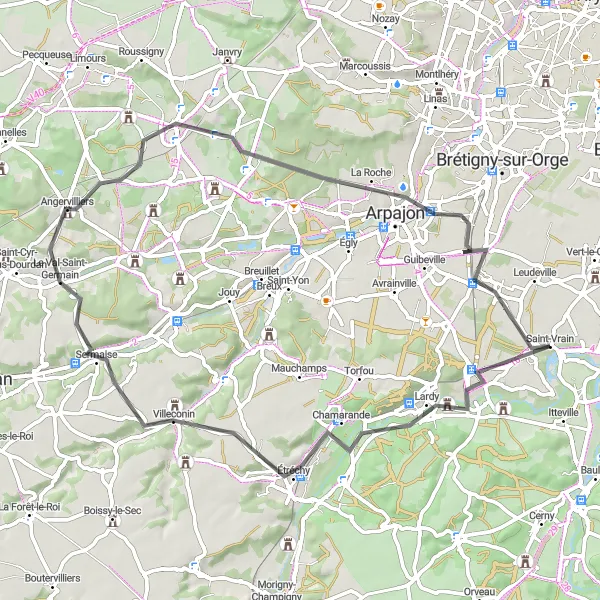 Miniature de la carte de l'inspiration cycliste "Boucle à travers la Vallée de l'Essonne" dans la Ile-de-France, France. Générée par le planificateur d'itinéraire cycliste Tarmacs.app