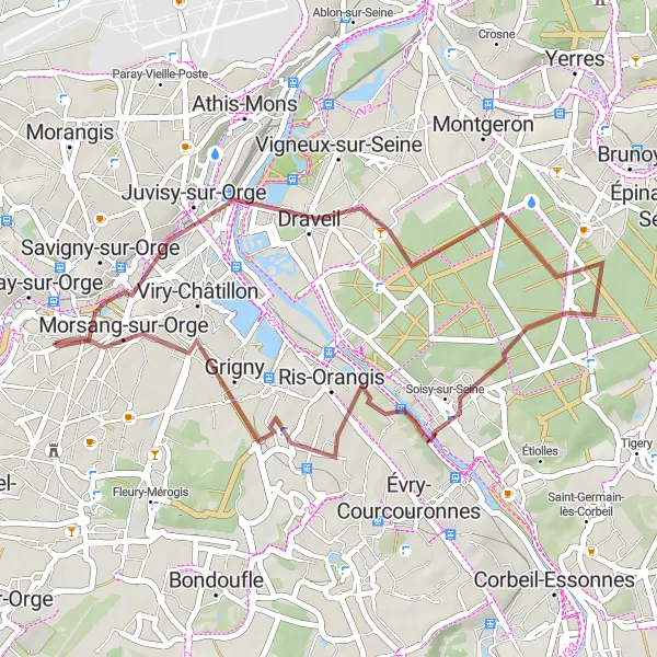 Map miniature of "Draveil & Soisy-sur-Seine Gravel Loop" cycling inspiration in Ile-de-France, France. Generated by Tarmacs.app cycling route planner