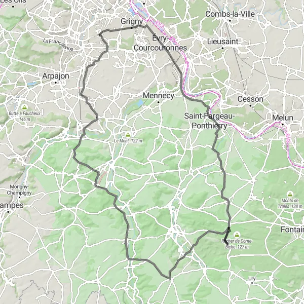 Map miniature of "Tousson & Maisse Classic Road Tour" cycling inspiration in Ile-de-France, France. Generated by Tarmacs.app cycling route planner