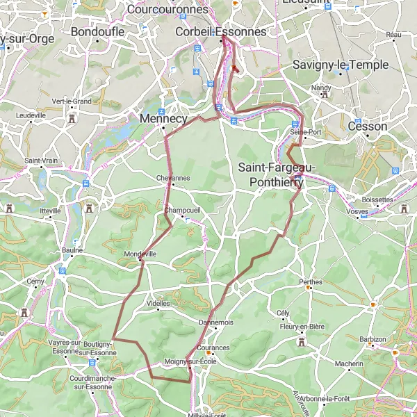 Miniature de la carte de l'inspiration cycliste "Itinéraire Gravel autour de Saintry-sur-Seine" dans la Ile-de-France, France. Générée par le planificateur d'itinéraire cycliste Tarmacs.app