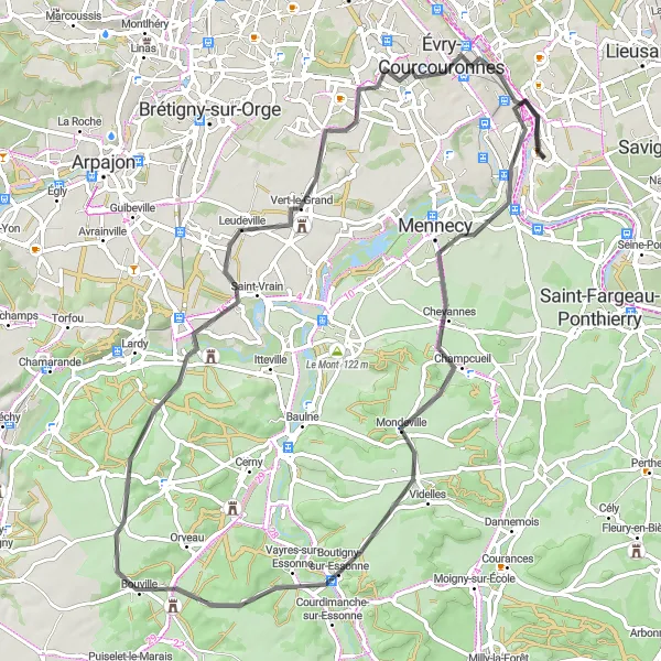 Map miniature of "Mennecy to Évry Scenic Route" cycling inspiration in Ile-de-France, France. Generated by Tarmacs.app cycling route planner