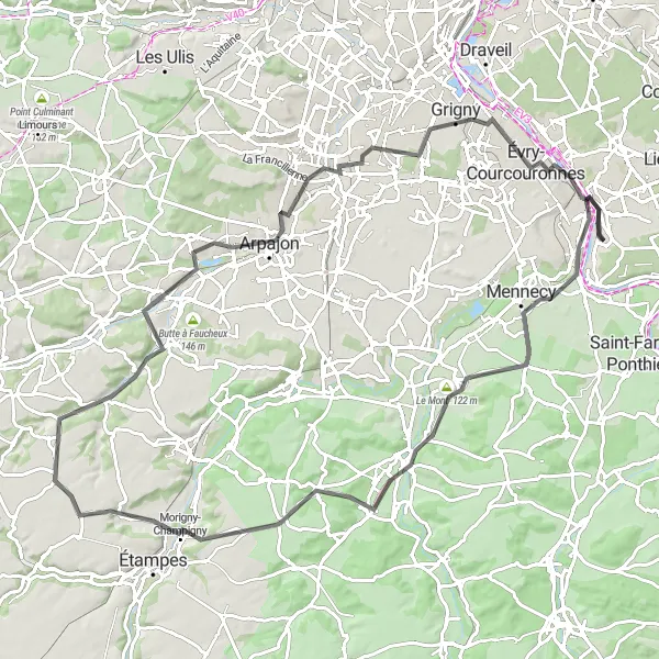 Map miniature of "Scenic road tour to Évry-Courcouronnes" cycling inspiration in Ile-de-France, France. Generated by Tarmacs.app cycling route planner