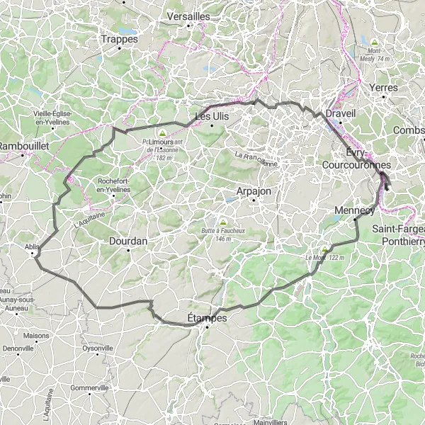 Miniature de la carte de l'inspiration cycliste "Parcours Route à travers la Vallée de l'Essonne" dans la Ile-de-France, France. Générée par le planificateur d'itinéraire cycliste Tarmacs.app