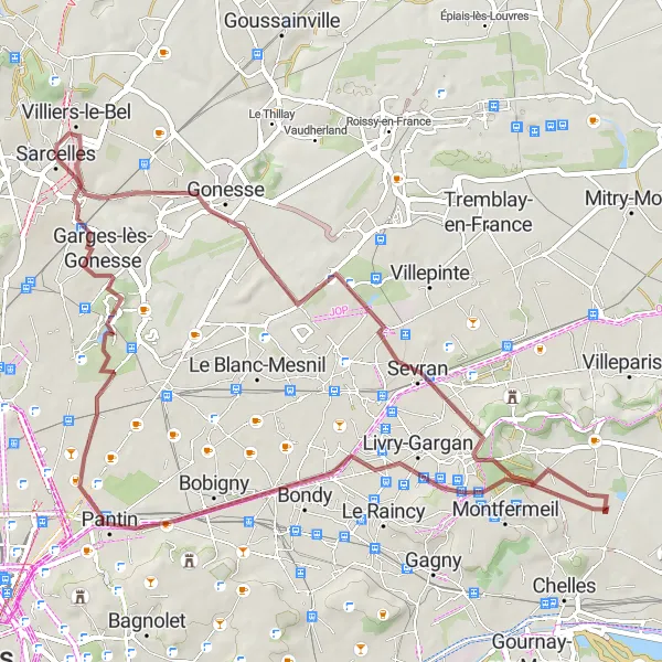Map miniature of "Scenic Gravel Route to Bobigny and Garges-lès-Gonesse" cycling inspiration in Ile-de-France, France. Generated by Tarmacs.app cycling route planner