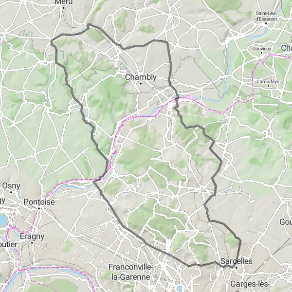 Map miniature of "Road Route through Sarcelles to Beaumont-sur-Oise" cycling inspiration in Ile-de-France, France. Generated by Tarmacs.app cycling route planner