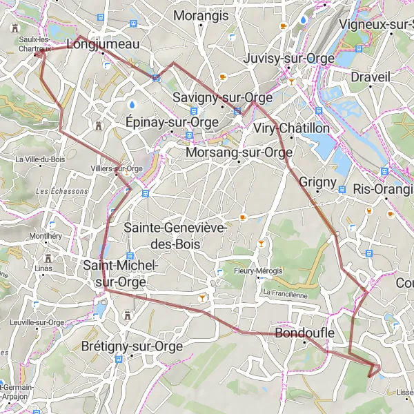 Miniature de la carte de l'inspiration cycliste "Les Chemins de l'Essonne" dans la Ile-de-France, France. Générée par le planificateur d'itinéraire cycliste Tarmacs.app