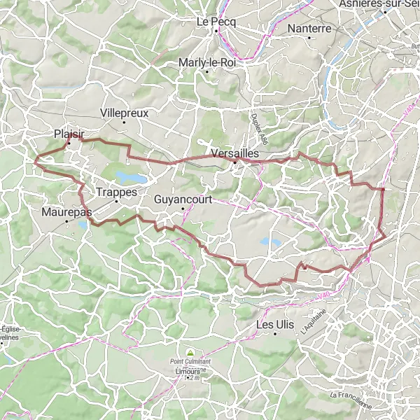 Miniature de la carte de l'inspiration cycliste "Escapade Gravel en Vallée de Chevreuse" dans la Ile-de-France, France. Générée par le planificateur d'itinéraire cycliste Tarmacs.app