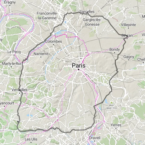 Map miniature of "Challenging Road Adventure from Sevran to Versailles" cycling inspiration in Ile-de-France, France. Generated by Tarmacs.app cycling route planner