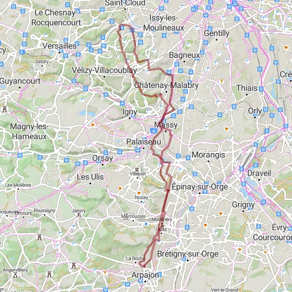 Map miniature of "Sèvres to Pique-nique du Tronchet via Meudon, Le Tapis Vert, Châtenay-Malabry, Saulx-les-Chartreux, Montlhéry, Arpajon, Champlan, Château de Vilmorin, Table d'Orientation de la Chataigneraie, Perspective du Parc, and Pique-nique du Tronchet" cycling inspiration in Ile-de-France, France. Generated by Tarmacs.app cycling route planner