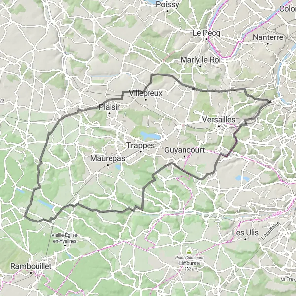 Map miniature of "Sèvres to Le Chesnay via Chaville, Toussus-le-Noble, Les Essarts-le-Roi, Les Bréviaires, and Neauphle-le-Château" cycling inspiration in Ile-de-France, France. Generated by Tarmacs.app cycling route planner