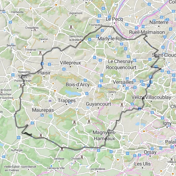 Map miniature of "Sèvres to Ville-d'Avray via Jouy-en-Josas, Dampierre-en-Yvelines, Jouars-Pontchartrain, La Croix Saint-Michel, Mareil-Marly, Dourm's terter, Rueil-Malmaison, and Ville-d'Avray" cycling inspiration in Ile-de-France, France. Generated by Tarmacs.app cycling route planner