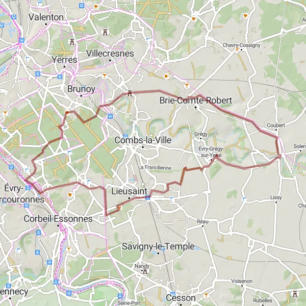 Miniature de la carte de l'inspiration cycliste "Parcours de vélo de gravel Soignolles-en-Brie - Coubert" dans la Ile-de-France, France. Générée par le planificateur d'itinéraire cycliste Tarmacs.app