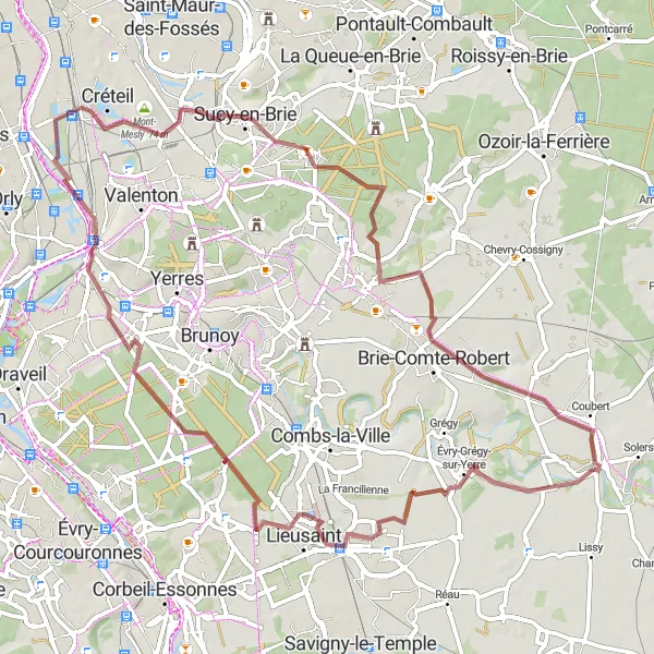 Map miniature of "Gravel Route: Soignolles-en-Brie Loop" cycling inspiration in Ile-de-France, France. Generated by Tarmacs.app cycling route planner