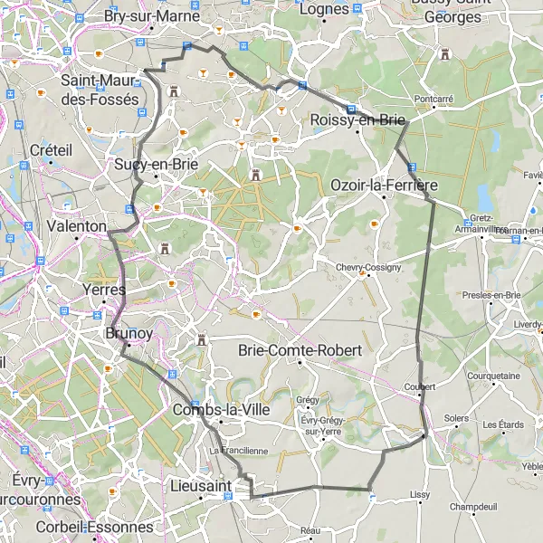 Miniature de la carte de l'inspiration cycliste "Parcours des Fermes de la Brie" dans la Ile-de-France, France. Générée par le planificateur d'itinéraire cycliste Tarmacs.app