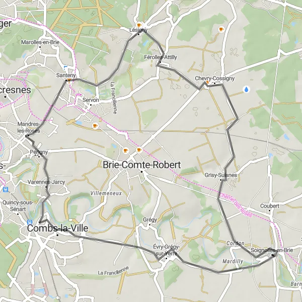 Map miniature of "Road Route: Combs-la-Ville Loop" cycling inspiration in Ile-de-France, France. Generated by Tarmacs.app cycling route planner