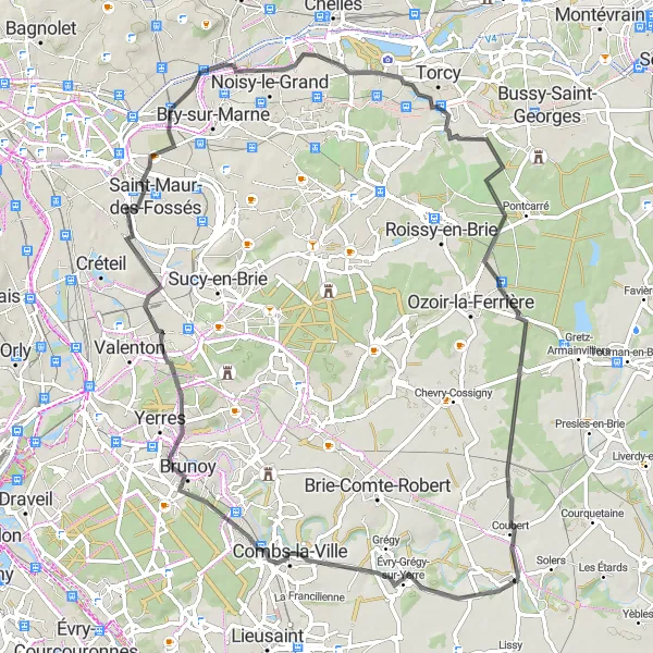 Miniature de la carte de l'inspiration cycliste "Parcours de vélo de route Quincy-sous-Sénart - Coubert" dans la Ile-de-France, France. Générée par le planificateur d'itinéraire cycliste Tarmacs.app