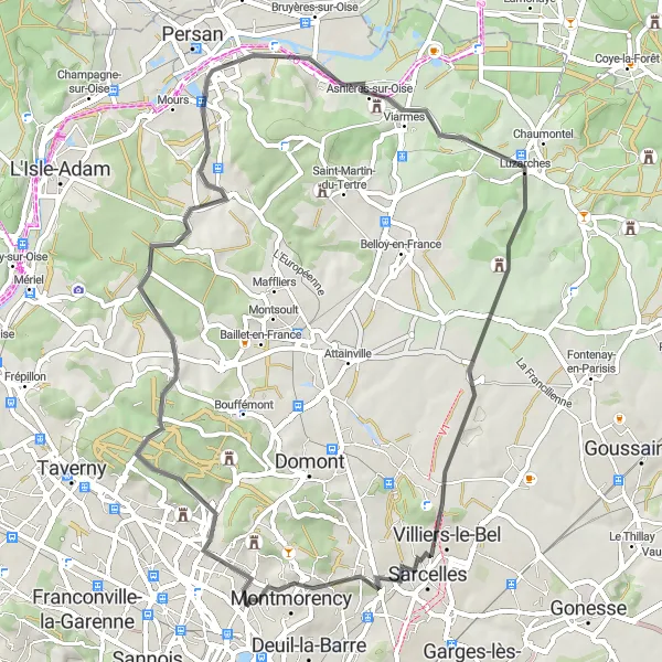 Map miniature of "Scenic Road Cycling to Montmorency" cycling inspiration in Ile-de-France, France. Generated by Tarmacs.app cycling route planner