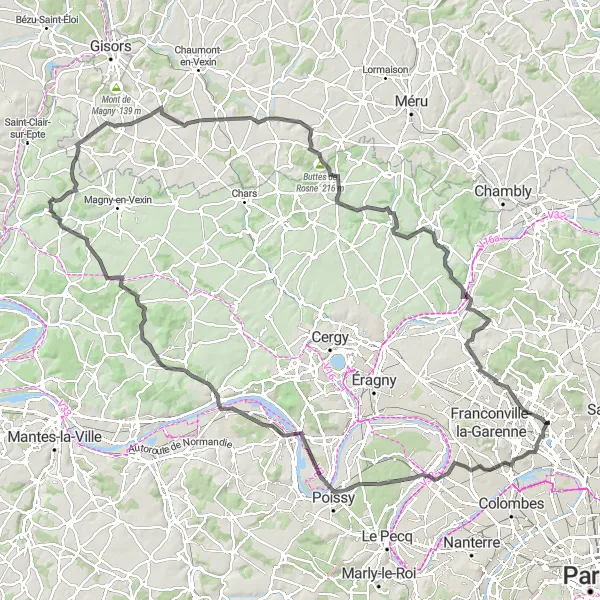 Map miniature of "Road Route: Soisy-sous-Montmorency to Valmondois" cycling inspiration in Ile-de-France, France. Generated by Tarmacs.app cycling route planner